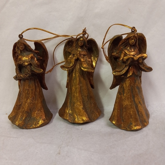 unbranded Other - SET 3 Angel Cherubs Gold Glittered Ornaments Caroling 4" Free Standing